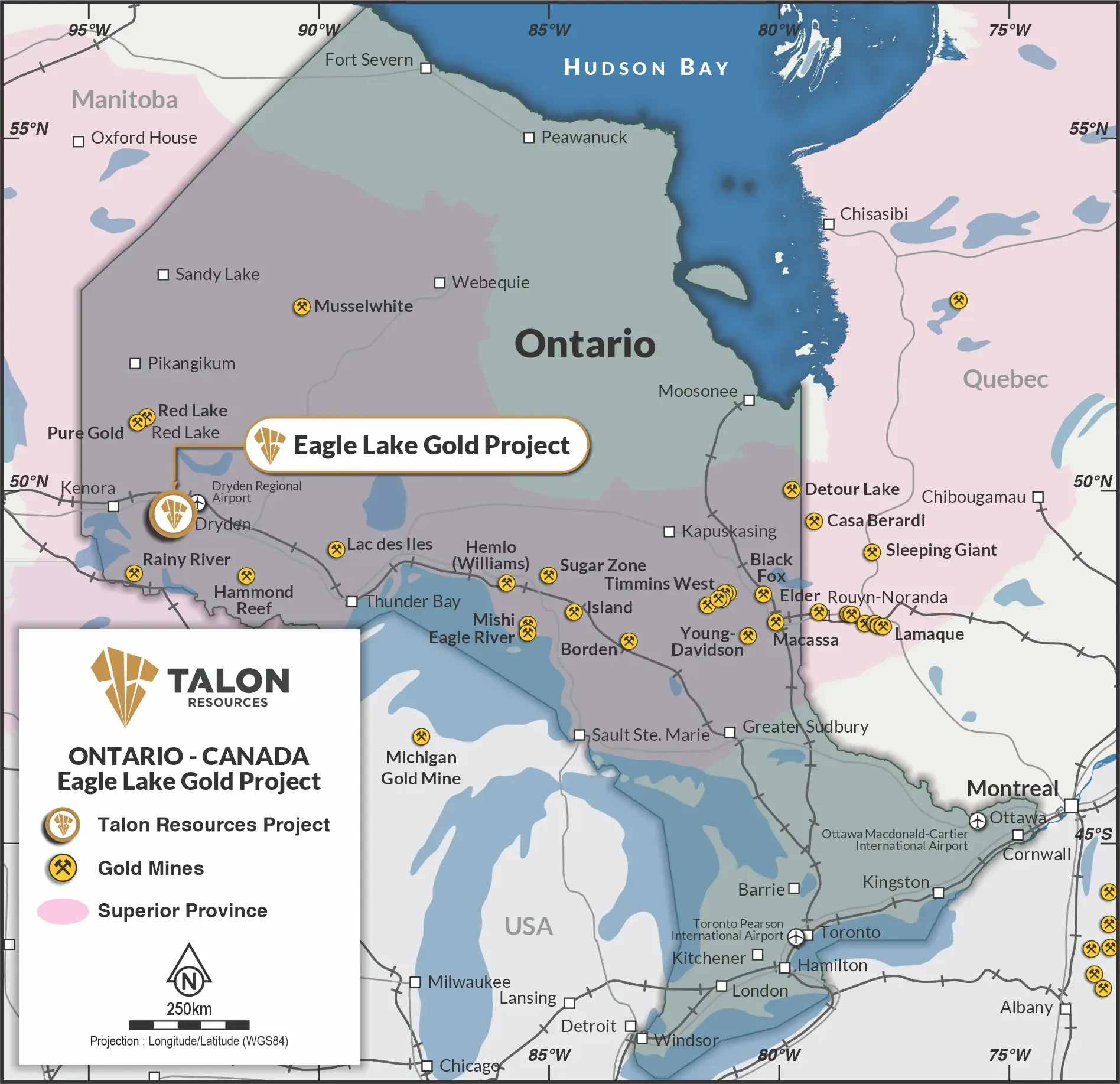 Region hosts past-producing gold mines and development projects associated with the same greenstone belt geological model as Eagle Lake